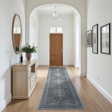 Imagem de GENIMO Tapete de corredor, lavável à máquina, 60 x 25 cm, corredor de cozinha vintage, antiderrapante, tapete ultrafino de fibra de tecido macio para entrada, corredor, lavanderia, azul e preto