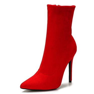 Imagem de CAMSSOO Botas femininas de cano alto, salto alto, bico fino, sexy, com zíper lateral, meias confortáveis, cano médio, Camurça sintética vermelha, 38