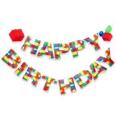 Imagem de VitalCozy Bloco de construção faixa de feliz aniversário de pelúcia pré-amarrado sinal guirlanda suprimentos de festa decorações