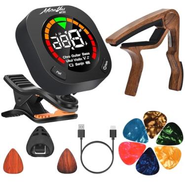 Imagem de MOREYES Clipe de afinador de guitarra recarregável cromático, guitarra, baixo, violino, ukulele inclui capo de guitarra e palhetas de guitarra e suporte