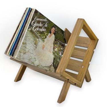 Imagem de Pubgeer Porta-discos de vinil rústico, rack de armazenamento de discos 60-80 LP, caixa de madeira maciça para revistas, livros, arquivos, álbuns, suporte de vinil de madeira (marrom)