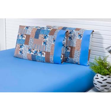 Imagem de Jogo Lençol 3 Peças Queen Estampado Patchwork Azul 100% Algodão 200 Fios Ponto Palito (Azul, 30cm)