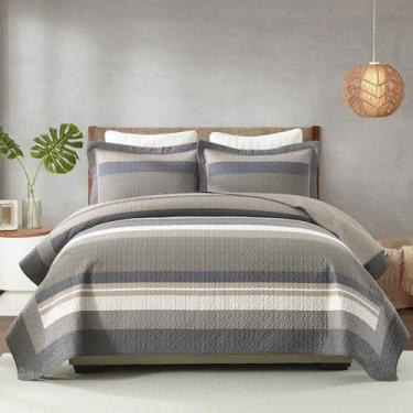 Imagem de Finlonte Conjunto de colcha King Size, edredom King listrado de fazenda, colcha acolchoada de algodão, cinza, marrom, bege, branco, leve, reversível, conjunto de cama para todas as estações, 3 peças