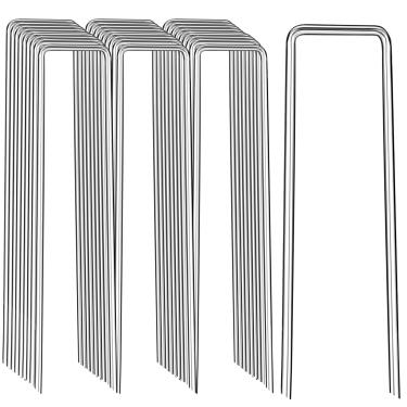 Imagem de Grampos de paisagem 30 cm, pacote com 200 grampos de jardim galvanizados de calibre 8 Estacas de paisagem em forma de U, estacas de solo resistentes para decorações ao ar livre, tecido de barreira de