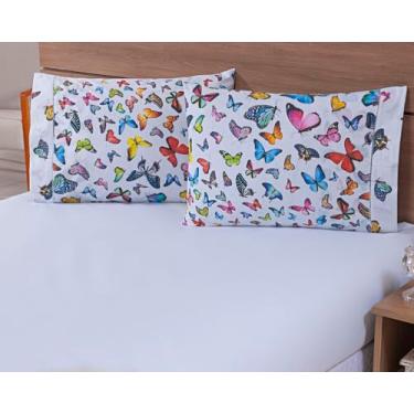 Imagem de Jogo Lençol 3 Peças Queen Estampado Borboletas Coloridas 100% Algodão 200 Fios Ponto Palito (40cm)