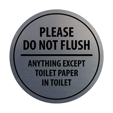 Imagem de Signs ByLITA Circle Please Do Not Flush Anything Except Toilet Paper Wall or Door Sign - Fita adesiva dupla face de espuma | Material durável (prata escovada) - Grande (pacote com 10)