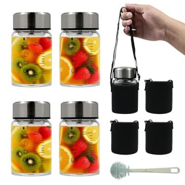Imagem de Rackickyer Garrafas de água de vidro borossilicato pacote com 4 garrafas de água de vidro de boca larga com tampas e manga, para sucos, vitaminas, leite, proteína, reutilizável, à prova de vazamento