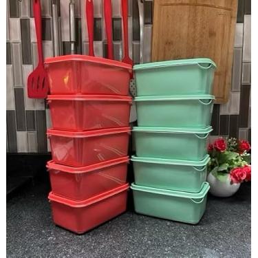 Imagem de Kit 10 potes Retangulares 1 litro marmita vasilha tapoer(Vermelho e verde)