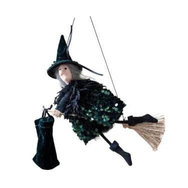 Imagem de Esquirla Bruxa pendurada na vassoura de Halloween, decoração de parede de bruxa, pingente de exibição, ornamento de feiticeiro para jardim, pátio e, Verde