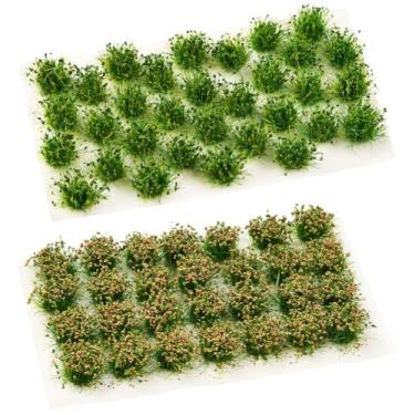 Imagem de SOFPLATE 56 peças 2 cores mini modelo grama diorama grama pequena nylon selva verde planta estática arbustos artificiais arbustos miniatura tufos modelo para DIY trem paisagem ferroviária jardim