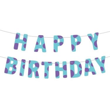 Imagem de Faixa Feliz Aniversário com Desenho Monstro, Pré-Enfiada Tema Desenho Animado Decoração para Festa Aniversário Faixa Azul e Roxa para Chá Bebé Menino Decoração Festa Material e Lembranças