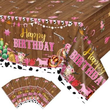 Imagem de WovWeave 6 peças de toalhas de mesa de aniversário de vaqueiras de plástico ocidental, toalhas de mesa descartáveis de vaca rosa retangulares para decorações de festa de aniversário de vaqueiras do