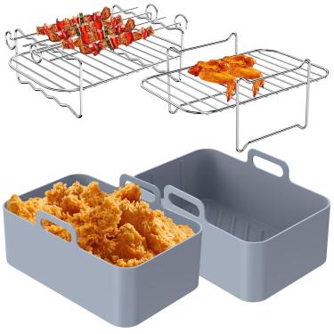 Imagem de SAEHAEYEE Conjunto de 8 peças de acessórios para fritadeira a ar com 2 panelas de silicone para fritadeira a ar e 1 rack de camada dupla com 4 espetos, 1 prateleira a vapor reutilizável forro de