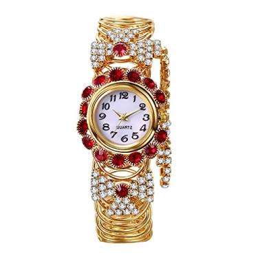 Imagem de JewelryWe Relógios femininos Iced Out relógio de pulso de quartzo diamante aberto pulseira relógio pulseira relógio de punho dourado, Vermelho, Elegante