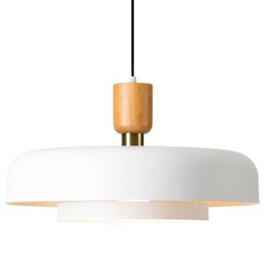 Imagem de Luminária pendente grande moderna, 50 cm, sombra branca fosca de 2 camadas, detalhes em madeira natural e latão, lustre de meados do século para sala de jantar, cozinha, sala de estar