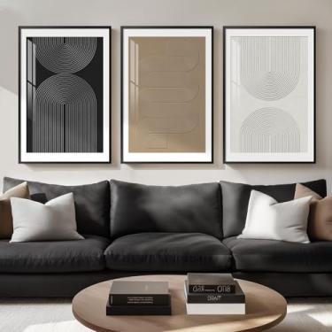 Imagem de Arte de parede abstrata neutra boho emoldurada grande, 3 peças de arte moderna para paredes, imagens geométricas minimalistas preto branco marrom para sala de estar, sala de jantar, decoração de