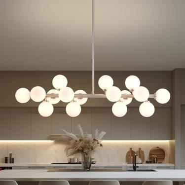 Imagem de PiWWPi Globo de vidro Sputnik Lustre, luminária moderna de 16 luzes de meados do século sobre mesa, lustres lineares para sala de jantar, ilha de cozinha, níquel e bolha branca leite, 101 cm, GC-02