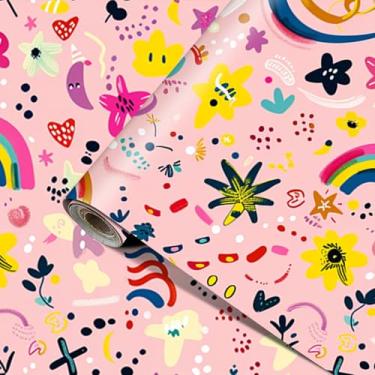 Imagem de HOMETITUTE Papel de parede abstrato caprichoso para destacar e colar papel de parede removível 39,9 cm x 100,1 cm vinil arco-íris estrelas autoadesivo papel de contato decalque de parede para sala de