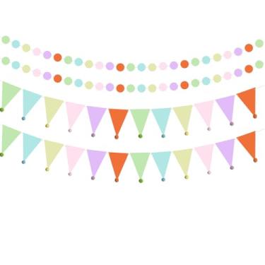 Imagem de Decorações de festa pastel colorido círculo pontos baner bandeira pastel bandeira triângulo bunting bandeira para primavera unicórnio aniversário pastel chá de bebê chá de panela decoração de festa de