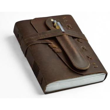 Imagem de Caderno de couro para homens e mulheres diário vintage encadernado em couro caderno de viagem 290 pautado diário de papel para escrever viajantes scrapbook poesia caderno de esboços pequenos presentes