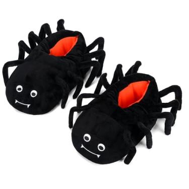 Imagem de Newcotte Pantufas de aranha para mulheres e homens, engraçadas, coisas de inverno, fofas, felpudas, animais fofos, sapatos quentes para adultos, artigos de festa de Natal, presente de fantasia, Preto