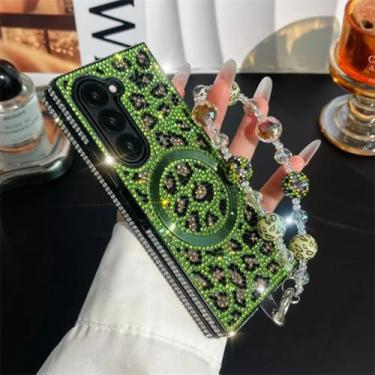 Imagem de Pulseira de couro com corrente de mão e strass brilhante e estampa de leopardo para Samsung Galaxy Z Fold 7 6 5 4 3 5G, verde, Galaxy Z Fold6