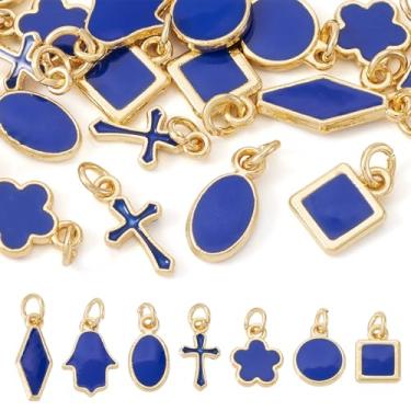 Imagem de Sparkeads 21 pingentes azuis de esmalte de latão em formato misto a granel pingentes de cruz redondos planos Hamsa mão de Miriam Berloque com anel de salto pingentes de metal liso para pulseiras