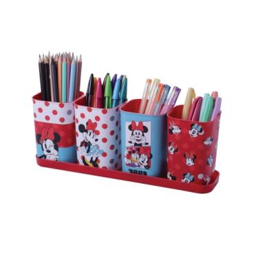 Imagem de Kit 5 Peças Porta Canetas/Lápis/Objetos com Bandeja Plasútil Organizador de Mesa Escolar Infantil (Minnie)