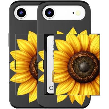 Imagem de MUQR Capa para celular 17 Air compatível com suporte de cartão fofo - Design Kawaii, proteção contra quedas de nível militar, capa carteira robusta para mulheres (arte de girassol preto e amarelo)