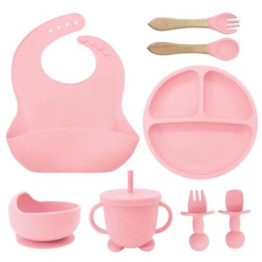 Imagem de Kit de Introdução Alimentar para Bebê 8 Peças em Silicone, Utensílios para Comida Sólida e Primeiras Refeições (Rosa Bebê)