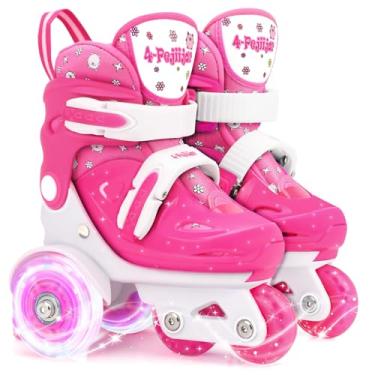Imagem de Patins quadriciclos para crianças e meninas com tamanho ajustável (idade 3-9), freios duplos, rodas luminosas, equilíbrio de 3 pontos, inclui joelheiras, cotoveleiras e protetores de pulso