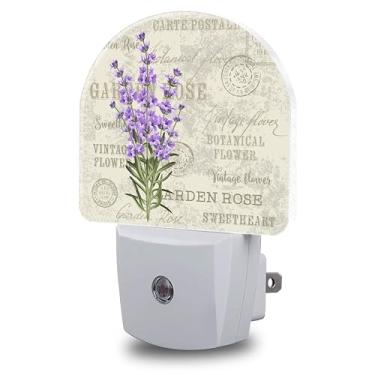 Imagem de FOISIIAEA Luz noturna, flores de lavanda, luzes noturnas conectadas à parede, sensor de crepúsculo ao amanhecer, luz noturna redonda para mulheres e homens, lâmpada de LED com eficiência energética