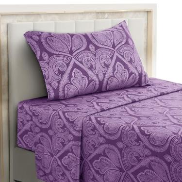 Imagem de Hannah Linen Jogo de lençol solteiro Paisley, 3 peças de microfibra macia sem vincos - Lençóis luxuosos estampados inclui lençol de cima, lençol com elástico com bolsos profundos e fronha - roxo