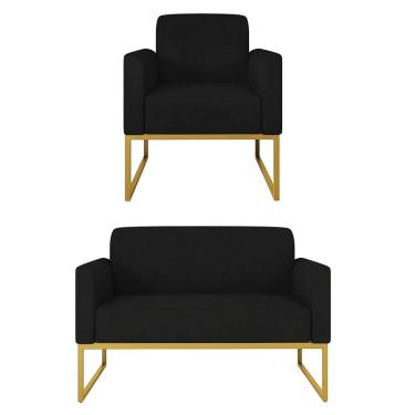 Imagem de Kit Namoradeira e 1 Poltrona Decorativa Base Industrial Dourada Maressa S07 Suede Preto - Ibiza