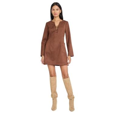 Imagem de The Good Journey Vestido feminino de manga comprida com decote em V com cadarço frontal e mini vestido casual de festa de aniversário, Marrom (Downtown), 42