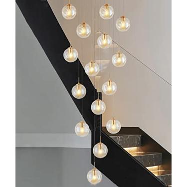 Imagem de Lustre longo de escada minimalista moderno com 15 luzes para sala de estar criativa loft duplex oco hotel villa escada teto alto luz pendente com design de bola de vidro champanhe (tamanho