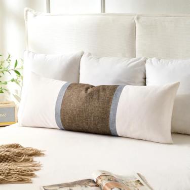 Imagem de Almofadas decorativas de lombar para cadeiras, patchwork, 35 x 91 cm, branco, cinza, marrom, algodão e linho, decoração moderna, almofadas de sofá para sala de estar, sofá, quarto, conjunto de 1