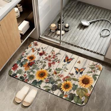 Imagem de ZTHLL Tapetes de banheiro de flores vintage, tapetes de banheiro para banheiro, tapete de banho absorvente de madeira rústica, suporte de borracha antiderrapante, lavável, tapete de porta fino de