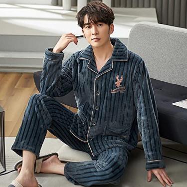 Imagem de ifgswopq Pijamas para homens conjuntos de pijama de flanela masculino inverno masculino conjunto de lounge quente grosso moda bordado listrado pijama masculino casual loungewear 3GG (cor: Tamanho X