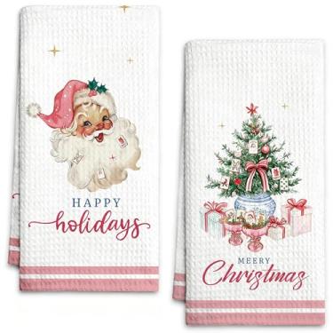 Imagem de Geuro Conjunto de 2 toalhas de cozinha de Natal, toalha de prato rosa de Papai Noel, árvore de Natal, floco de neve, 40,6 x 61 cm, toalha de mão de banho de Natal Let It Snow, toalhas de chá de