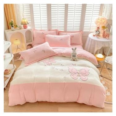 Imagem de Conjunto de cama quente de leite bordado borboleta compatível com a moda de inverno conjunto de capa de edredom de dois lados quente com capa de edredom (rosa tamanho Queen dos EUA 4 peças)