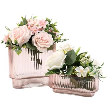 Imagem de YANWE1 Vasos curtos de vidro, conjunto de 2 vasos de vidro rosa para tulipas, vaso canelado para flores, pequeno vaso moderno para sala de estar, sala de jantar, banheiro, mesa, prateleira, casamento