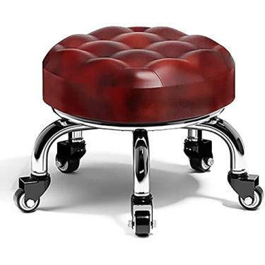 Imagem de Banqueta giratória de 360° com rodas, assento pequeno de rolo baixo, mini banqueta redonda de couro PU para garagem, jardinagem, casa - salão de manicure, spa, pedicure, esporte fitness (vermelho 2)