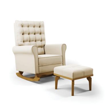 Imagem de Poltrona de Amamentação com Balanço e Puff Manu Veludo Bege Base de Madeira F06 - D'Rossi