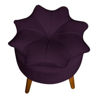 Imagem de Puff Banqueta Decorativa Flor/Pétala Veludo com Pés Palito de Madeira – Estofado Redondo Design Floral (Roxo, Flor/Petala)