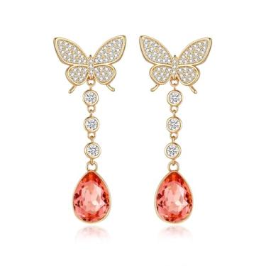 Imagem de EVEVIC Brincos femininos com pingente de borboleta de gota de cristal austríaco banhado a ouro 14 K, joias hipoalergênicas, presentes, Medium, Latão Cristal, Cristal