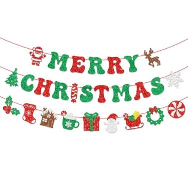 Imagem de JKQ Faixa vermelha verde brilhante de Feliz Natal com árvore de Natal, Papai Noel, boneco de neve, placas coloridas de Natal, inverno, férias, festas de aniversário, decoração para casa, parede