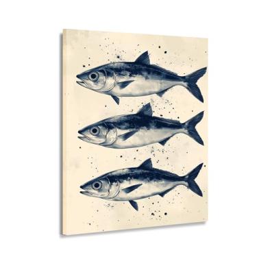Imagem de Trio de sardinha grande arte de parede tema oceano decoração de parede HD impressão em tela para sala de jantar e casa de praia pintura de peixe do oceano para sala de estar e quarto - 61 x 91 cm