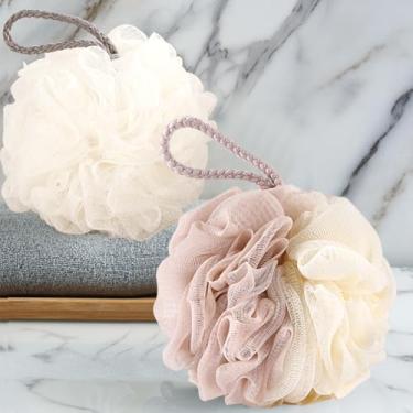 Imagem de Esponja de bucha, bucha de banho, esponja de banho esfoliante, dois painéis de cores, cuidados essenciais para a pele do chuveiro.