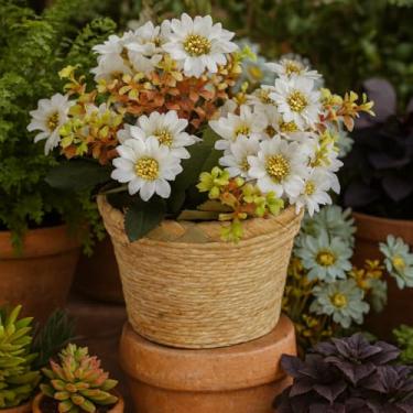 Imagem de Arranjo de Flores Artificiais com Vaso, Margaridas Brancas em Seda, Base em MDF com Acabamento em Palha, 30x12 cm, com 2 Buquês